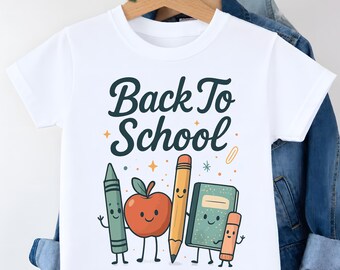 Lindos útiles escolares digitales PNG – Diseño de camiseta para maestra de regreso a clases, arte de cuaderno con crayones y lápices, regalo para maestra de jardín de infantes