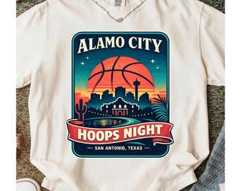 Alamo City Hoops PNG, San Antonio Basketball Skyline Retro Neon Sublimation Shirt Design