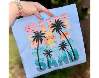 Sun Sea Sand Journal PNG, Watercolor Beach Sunset, Palm Tree Silhouette, Coastal Summer Trendy, Sublimation Design, PNG For Shirt