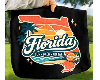 Florida Sun Palm Repeat PNG, Retro Coastal Vacation Sublimation Design, Tropical State Shirt Graphic Digital Download