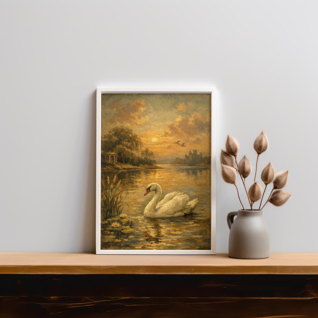 Vintage Swan Art Print | Antique Oil Painting Style, Farmhouse Decor - Etsy