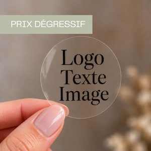 May include: A circular, transparent adhesive sticker featuring the black printed text Logo Texte Image centred on its surface. The sticker is clear, allowing the background to be visible through the material, and has a smooth, glossy finish.