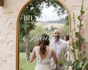 Autocollant Bienvenue au mariage lettres cursives élégantes, stickers de pour miroir, texte personnalisable découpé sans fond transparent