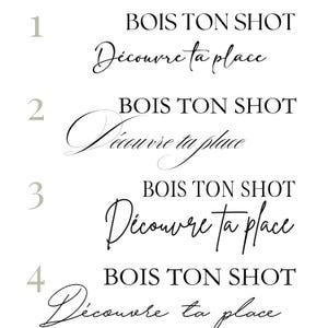 Op de afbeelding: Vier tekstontwerpen op een witte achtergrond. Elk ontwerp toont de tekst "BOIS TON SHOT" in een vet, schreefloos lettertype boven de tekst "Découvre ta place" in een cursief schrift. De tekst is zwart.