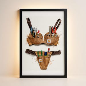 May include: Framed watercolor art print of a brown workwear-style bra and underwear set, each with pockets filled with tools. The Carhartt logo is visible on both pieces. The background is white with brown paint splatters.