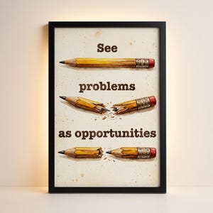 May include: Framed art print with the text "See problems as opportunities." The artwork features three pencils, one whole and two broken, against a textured background. The pencils are yellow with silver bands and red erasers.