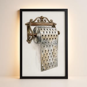 May include: Framed watercolour art print depicting a toilet paper roll designed as a cheese grater. The roll is silver and grey with many small holes. The holder is ornate, with a bronze finish, and is mounted on a white background.