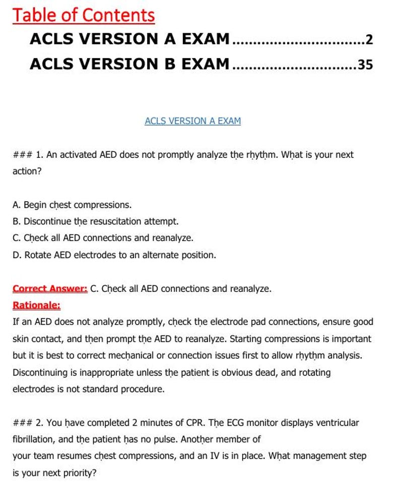 ACLS Exam Practice Test | Versions A & B Questions, Answers (PDF ...