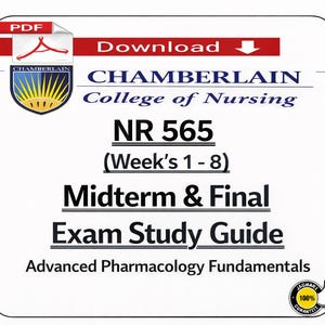May include: A white rectangular document with a red and white PDF icon and the text "Download". The document features the Chamberlain College of Nursing logo and text: NR 565 Midterm & Final Exam Study Guide.