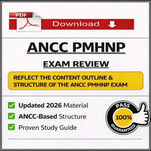 Könnte beinhalten: Ein digitales Dokument mit dem Titel "ANCC PMHNP EXAM REVIEW". Das Bild zeigt einen rot-weißen "Download"-Button, ein gelbes Banner und ein "100% Garantiert"-Siegel. Das Dokument verspricht aktualisiertes Material von 2026 und eine ANCC-basierte Struktur.