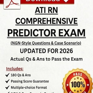 Puede incluir: Anuncio de descarga digital para el Examen Predictor Integral ATI RN. El gráfico rojo y blanco incluye el texto "Descargar" y "ATI RN COMPREHENSIVE PREDICTOR EXAM" con detalles sobre el examen, incluyendo 180 preguntas y garantía de aprobación.