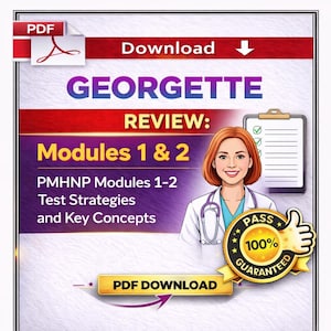 May include: A digital download graphic titled "GEORGETTE REVIEW: Modules 1 & 2". The image includes a smiling female doctor, a clipboard with checkmarks, and a "PASS 100% GUARANTEED" badge. The words "PDF DOWNLOAD" are also visible.