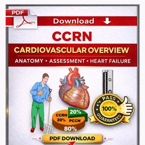 Op de afbeelding: Een digitale afbeelding die een CCRN Cardiovascular Overview promoot. De afbeelding bevat een diagram van een hart, een persoon met een hark en een bloeddrukmeter. Tekst bevat "CCRN", "Cardiovascular Overview" en "PDF Download". Een gouden zegel luidt "Pass 100% Guaranteed".