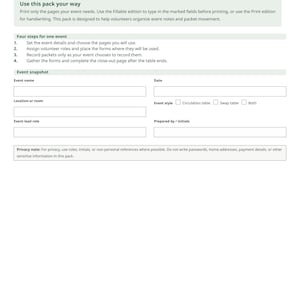 May include: A printable Community Seed Library Circulation & Swap Event Pack document. The page features sections for event details, including event name, date, location, event style checkboxes, lead role, and a privacy note for volunteers.
