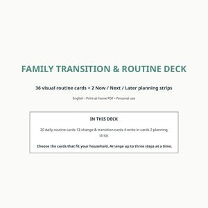 May include: A digital product titled FAMILY TRANSITION & ROUTINE DECK. It includes 36 visual routine cards and 2 Now / Next / Later planning strips. The deck contains 20 daily routine cards, 12 change & transition cards, and 4 write-in cards.
