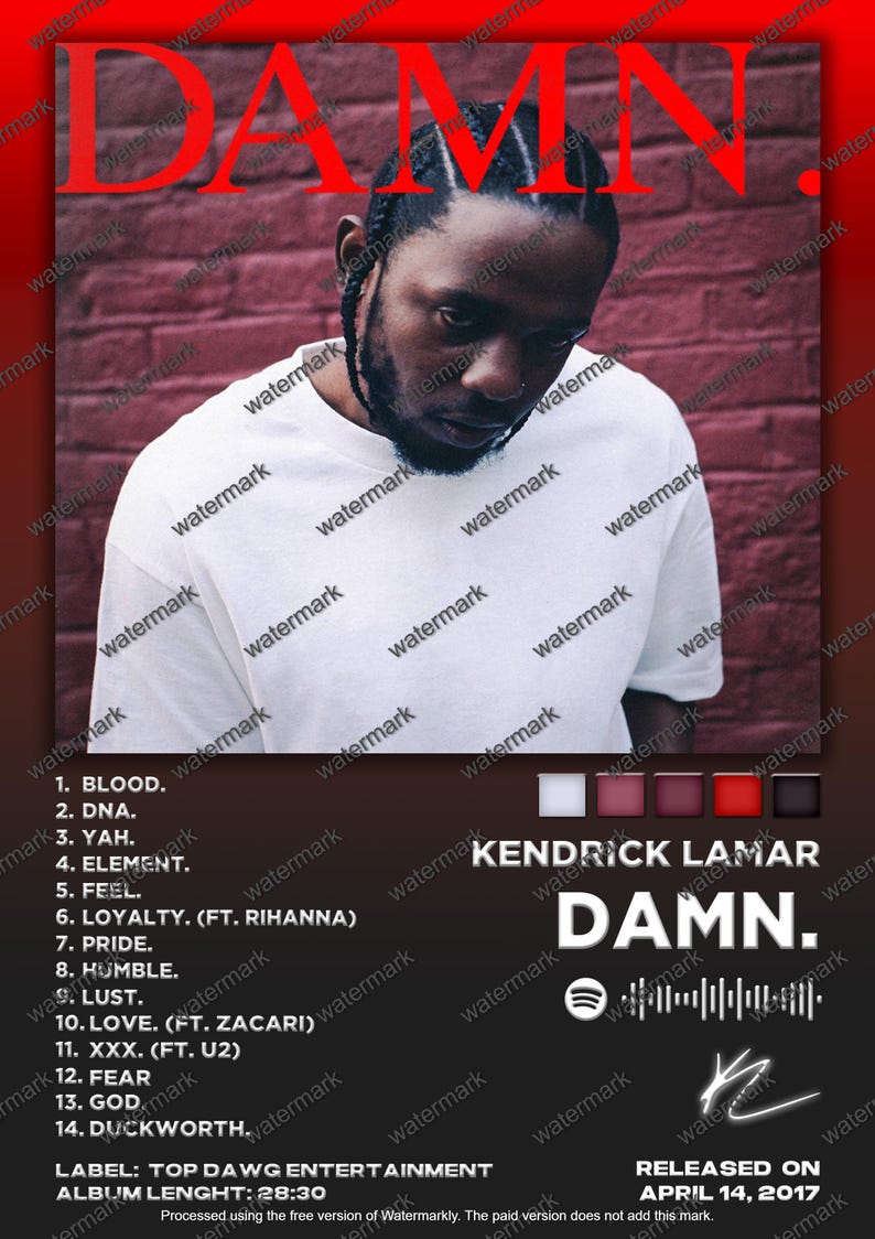 Kendrick Lamar “DAMN.” Tracklist Poster | Music Poster Art | Hip-hop ...