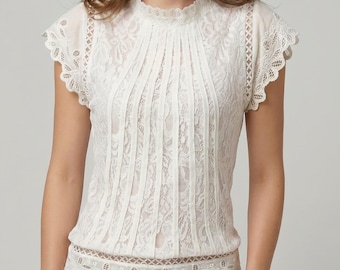 White Lace Blouse for Women, Romantic Vintage Style Top, Short Sleeve Feminine Shirt