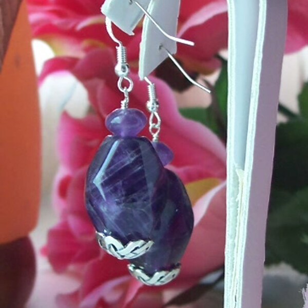 Amethyst Chunky Cut Stone Earrings in Solid .925 SS