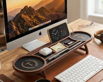 Personalized Desk Organizer for Office Workers, Custom Wood Valet Tray Phone Charging Stand, Mens Nightstand Docking Station, Boss Gift