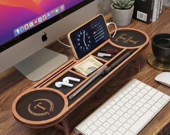 Personalized Desk Organizer for Office Workers, Custom Wooden Desk Tray Charging Station, Mens Desk Accessories Holder, Coworker Gift