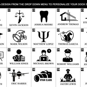 May include: A selection of black and white icons for dock station personalization. Icons include a doctor, scales, a tooth, a house, a hard hat, a graduation cap, a football, a psychology symbol, a heart with pets, a medical symbol, a teacher, a businessman, a person at a computer, a police officer, a firefighter, a pilot, a camera, a chef, and musical notes.
