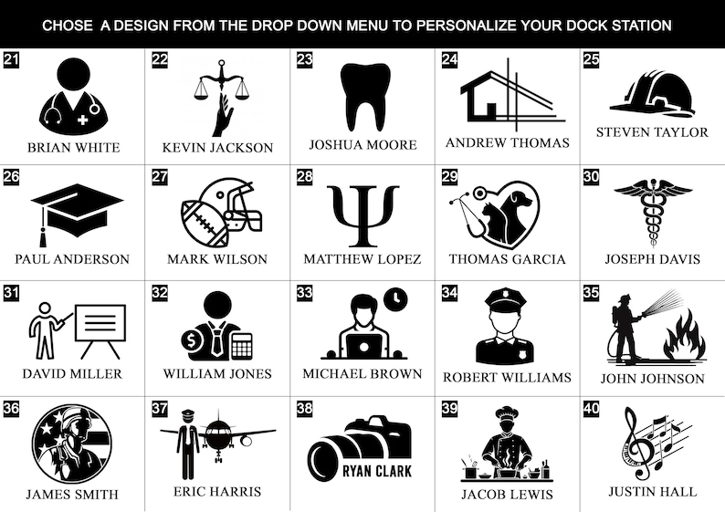 May include: A selection of black and white icons for dock station personalization. Icons include a doctor, scales, a tooth, a house, a hard hat, a graduation cap, a football, a psychology symbol, a heart with pets, a medical symbol, a teacher, a businessman, a person at a computer, a police officer, a firefighter, a pilot, a camera, a chef, and musical notes.