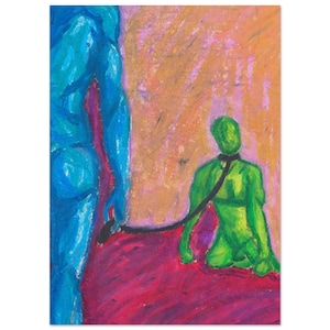 Può includere: Disegno astratto a pastello con due figure. Una è blu, l'altra verde e inginocchiata, collegata da un guinzaglio nero. Lo sfondo è arancione e rosa, con una superficie rossa.