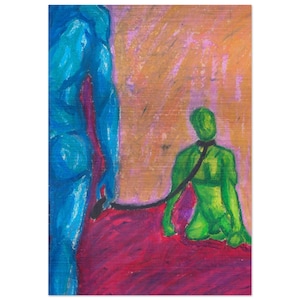 May include: Abstract artwork featuring two figures. One figure is blue, the other is green, connected by a black leash. The background is a mix of orange and pink hues, with a red surface in the foreground.