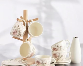Porcelain Coffee Cup Set - Royal Style Teacup & Saucer, Dishwasher Safe