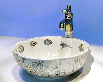 Handbemalte Waschbecken Schale aus Keramik
