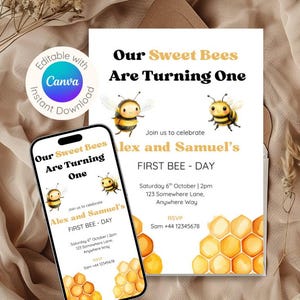 Twin Sweet Bee First Birthday Invitation, Boy Twins Turning One Invite, First Bee Day Birthday Invitation, Editable Digital Download