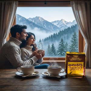 Puede incluir: Una bolsa dorada de café Harischandra con texto en inglés y cingalés, colocada sobre una mesa de madera junto a dos tazas de cerámica blanca sobre platillos con cucharas de plata, con vapor saliendo de las tazas y una vista de montaña al fondo.