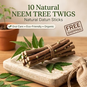 May include: A bundle of 10 natural neem tree twigs, also known as natural datun sticks, tied with twine. The text reads 10 NATURAL NEEM TREE TWIGS, Natural Datun Sticks, Oral Care, Eco-Friendly, Organic, and FREE SHIPPING.