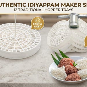 May include: An authentic Idiyappam maker set featuring 12 traditional white plastic hopper trays and a metal press tool. The set includes text labels reading Authentic Idiyappam Maker Set, 12 Traditional Hopper Trays, Fast & Easy, and 12 Pcs Pack.