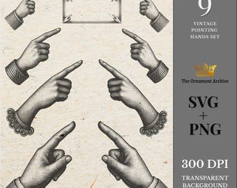 Conjunto de mãos apontando vintage, gravura vitoriana, mãos manículas, ilustração antiga, clipart.