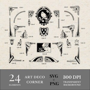 May include: A collection of 24 Art Deco corner elements in black and white, including various geometric shapes, stylized bird and floral motifs, and a classical figure. The image includes the text "ART DECO CORNER" and "SVG + PNG".