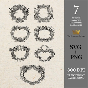 May include: Seven Rococo, Baroque, and Victorian cartouche designs in black and white. The frames have ornate floral and scrollwork details. The image includes the text "The Ornament Archive", "SVG + PNG", and "300 DPI TRANSPARENT BACKGROUND".