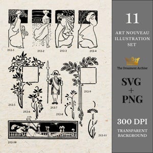 May include: An Art Nouveau illustration set featuring 11 black and white designs. The set includes stylized figures, floral borders, and decorative elements. Text includes "Art Nouveau Illustration Set", "SVG + PNG", and "300 DPI Transparent Background".