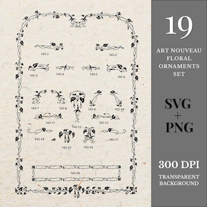 May include: A set of 19 Art Nouveau floral ornaments in black, including borders, sprigs, and decorative elements. The image includes the text "SVG + PNG" and "300 DPI TRANSPARENT BACKGROUND".