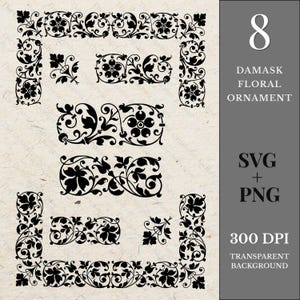 May include: Black damask floral ornament designs in various shapes, including corners and borders. The image includes the number 8, the words "DAMASK FLORAL ORNAMENT", "SVG + PNG", "300 DPI", and "TRANSPARENT BACKGROUND".