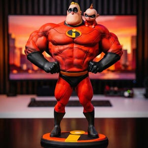 Può includere: Una statuetta dettagliata di Mr. Incredible de Gli Incredibili, in una posa dinamica. La figura del supereroe rosso e nero ha una corporatura muscolosa, guanti e stivali neri. Una figura più piccola di Jack-Jack è appollaiata sulla sua spalla. La base è nera e arancione.