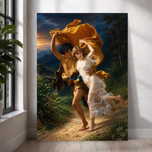 May include: A framed art print depicting a classical scene of two figures dancing on a path. The man is draped in a brown cloak and holding a golden cloth. The woman wears a flowing white dress. The background features a landscape with trees and a sunset.