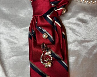 Red Silk Women’s Handcrafted Necktie Necklace with Music Treble Clef Brooch - Gift for Her