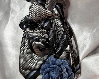 Silk Necktie Necklace with Denim Flower, Pearl Embellishments - Gift for Her