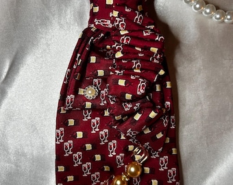 Red Handcrafted Women’s Necktie Necklace with Wine Bottle Print (Wine Lovers) - Gift for Women