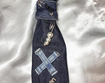 Denim Women’s Handcrafted Necktie Necklace with Pearls - Gift for Her