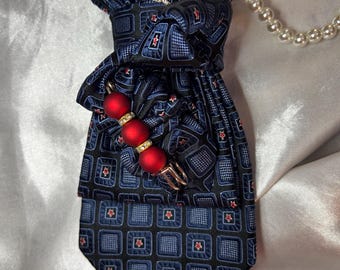 Blue Silk Necktie Necklace with Red Butterfly Brooch, Red Pearls - Gift for Her
