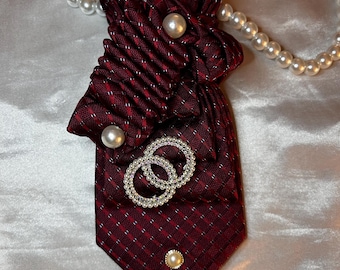 Red Silk Handcrafted Women’s Necktie Necklace with Pearls and Brooch - Gift for Her