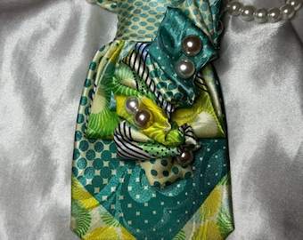 Green and White Handcrafted Women’s Necktie Necklace - Gift for Women