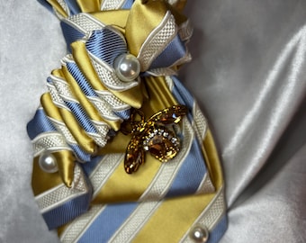 Silk Necktie Necklace with Bee Brooch and Pearls – Yellow Blue Stripe Accessory